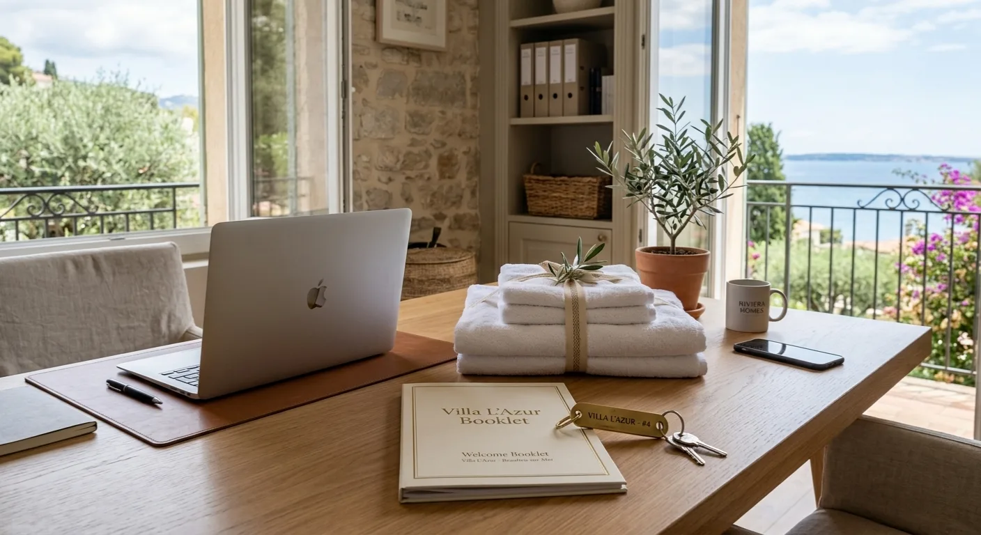 Espace de préparation conciergerie avec clés, carnet d’accueil et linge.