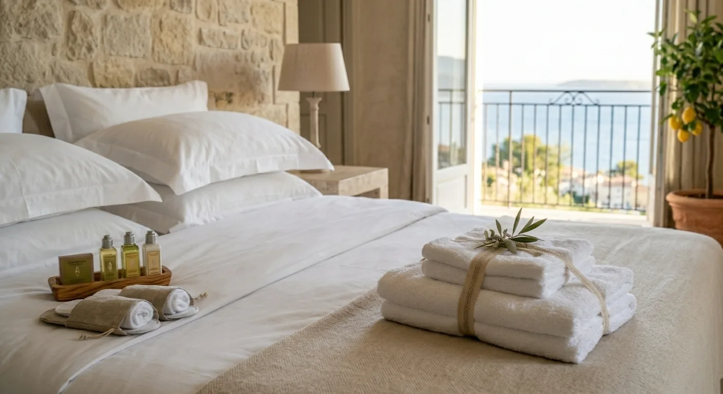 Chambre préparée avec linge et serviettes pour une location courte durée.